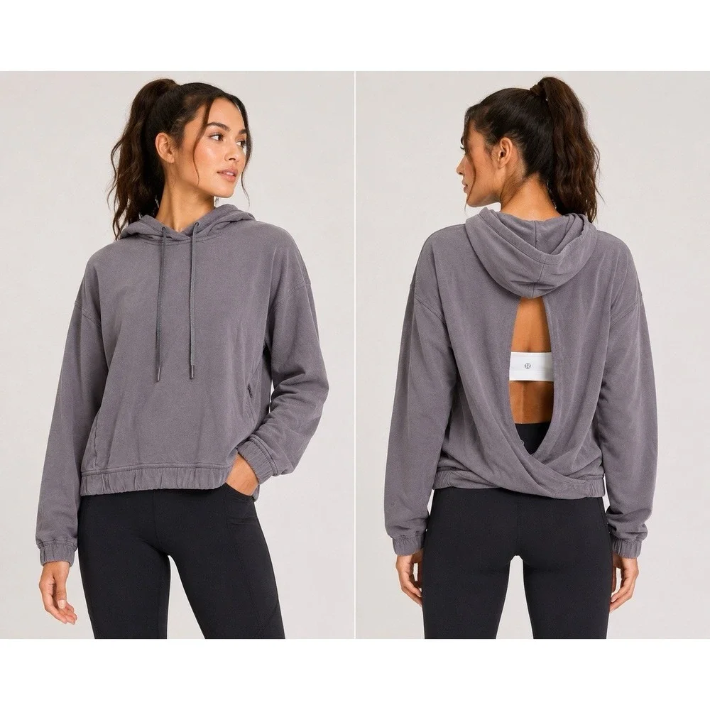 Lululemon Twisted & Tucked Pullover Hoodie Size 8 Open Back Gray Yoga Top